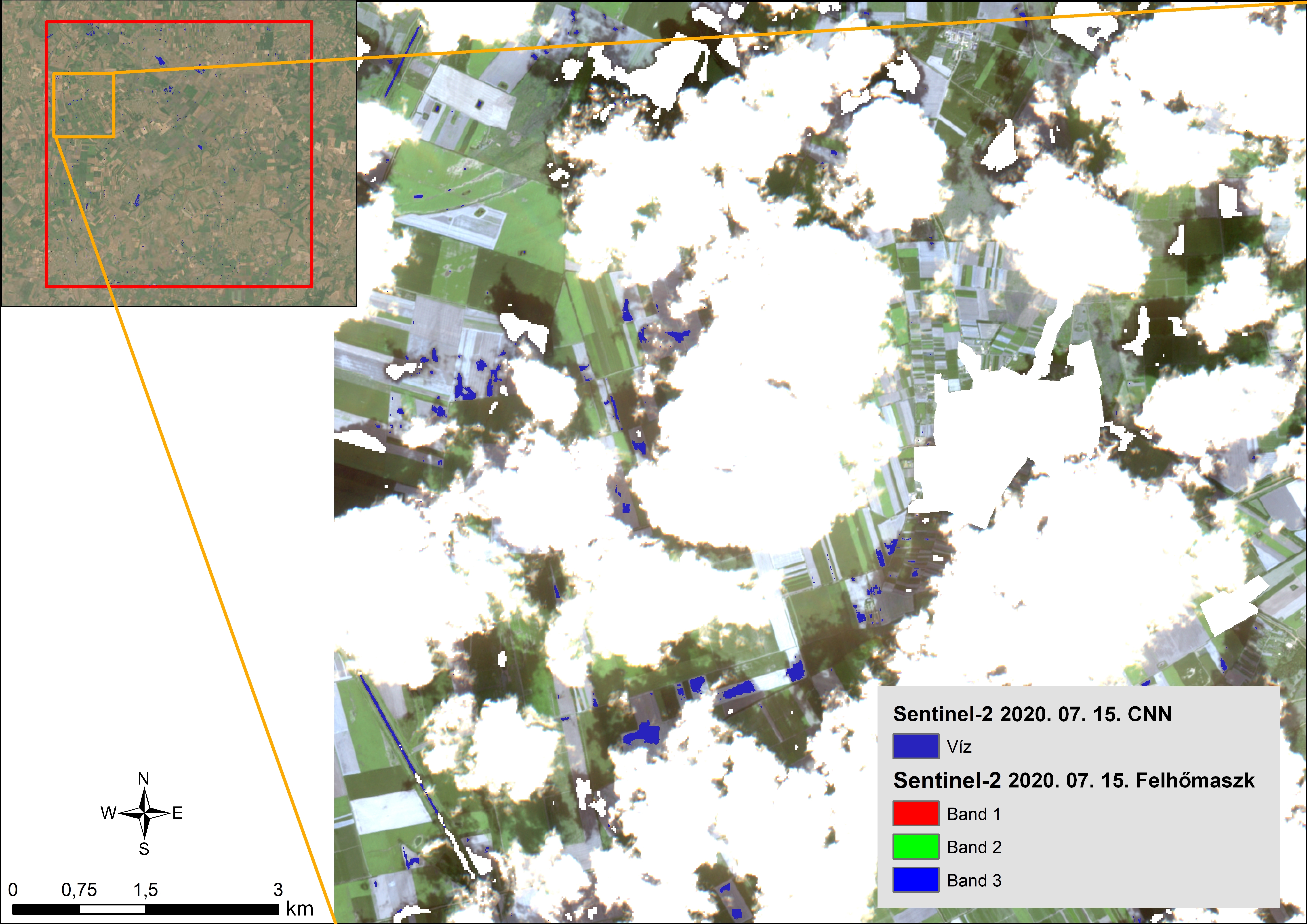 5. ábra. Felhőárnyékban tévesen detektált vízfelület a Sentinel--2-es felvételen